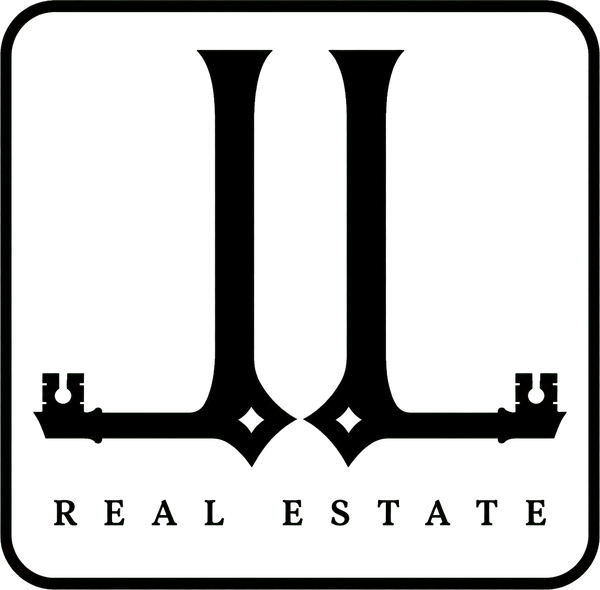 LL Real Estate logo: two mirrored letter L forms styled as skeleton keys